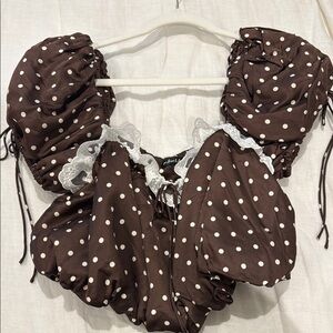For Love and Lemons Brown Polka Dot Puff Sleeve Top